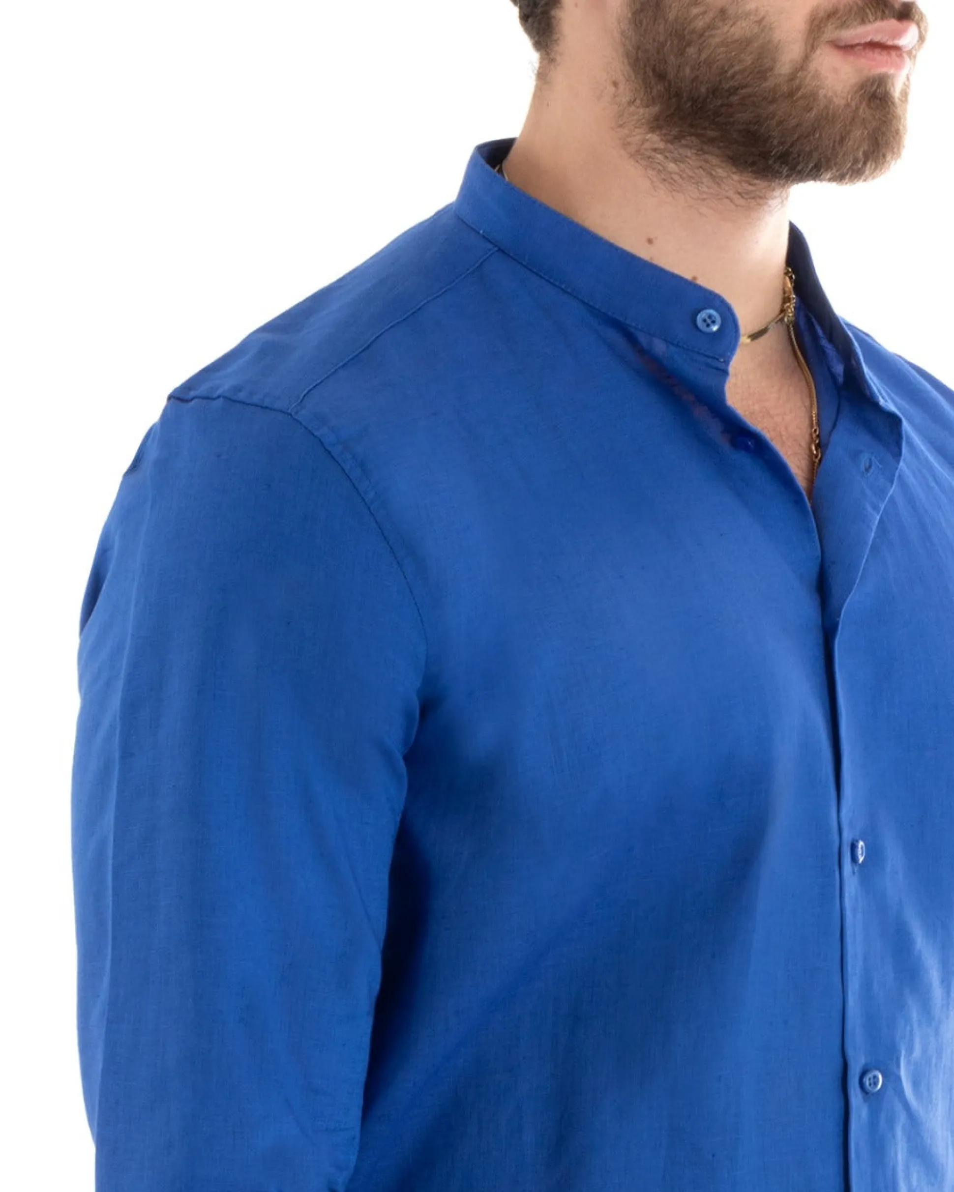 Camicia Uomo Lino Collo Coreano Sartoriale Basic Blu Royal C2669A