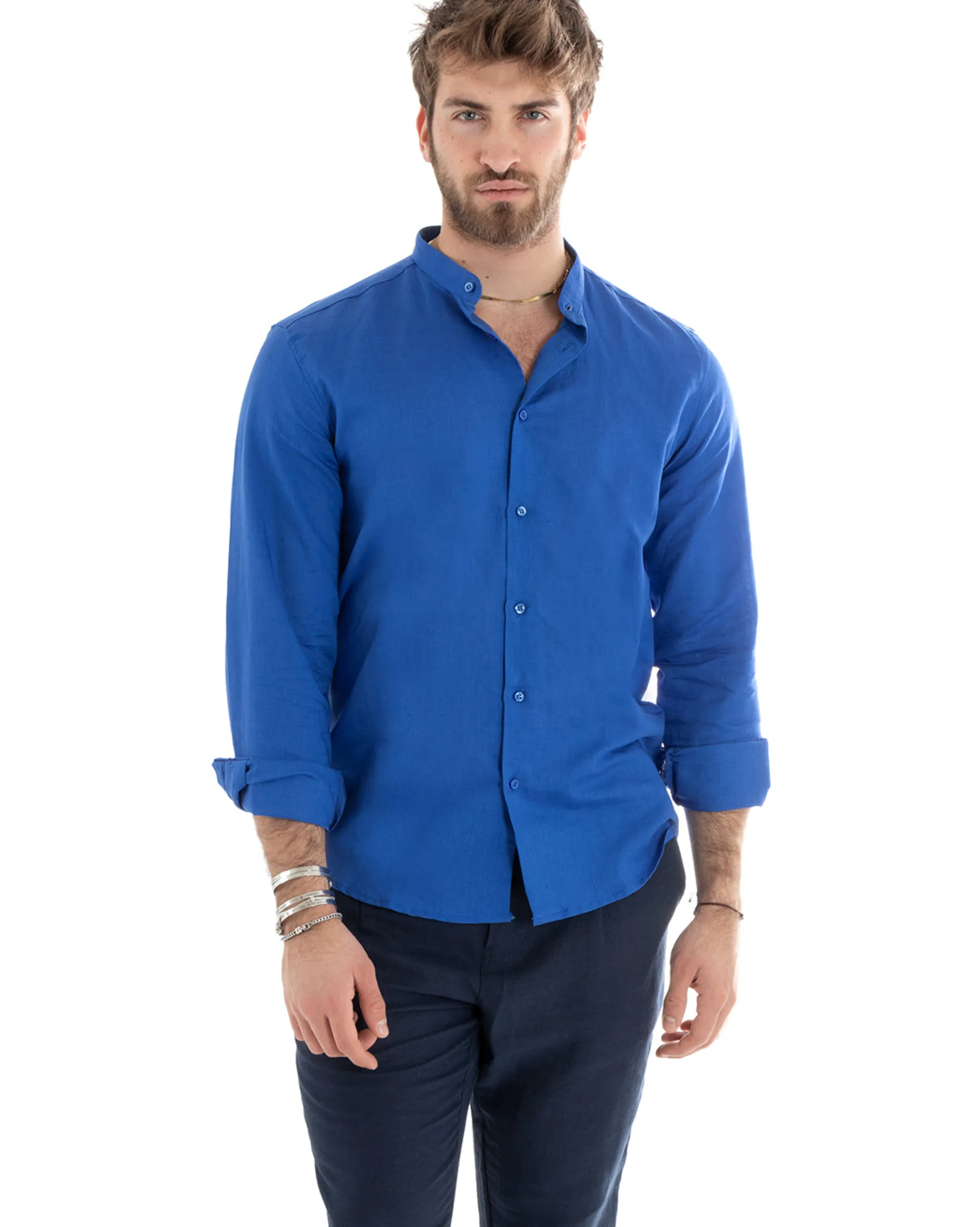 Camicia Uomo Lino Collo Coreano Sartoriale Basic Blu Royal C2669A