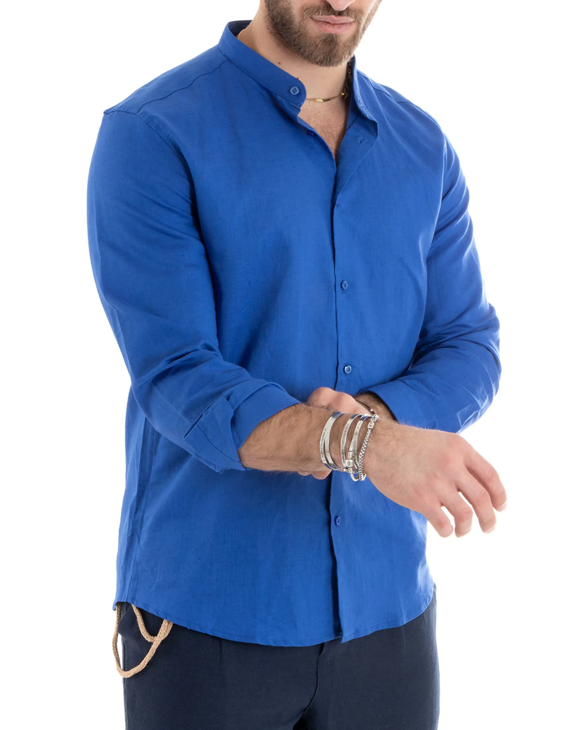 Camicia Uomo Lino Collo Coreano Sartoriale Basic Blu Royal C2669A