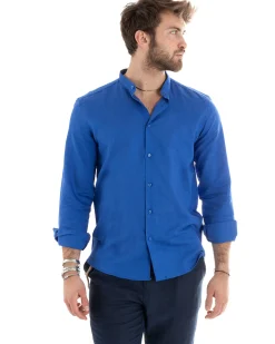 Camicia Uomo Lino Collo Coreano Sartoriale Basic Blu Royal C2669A
