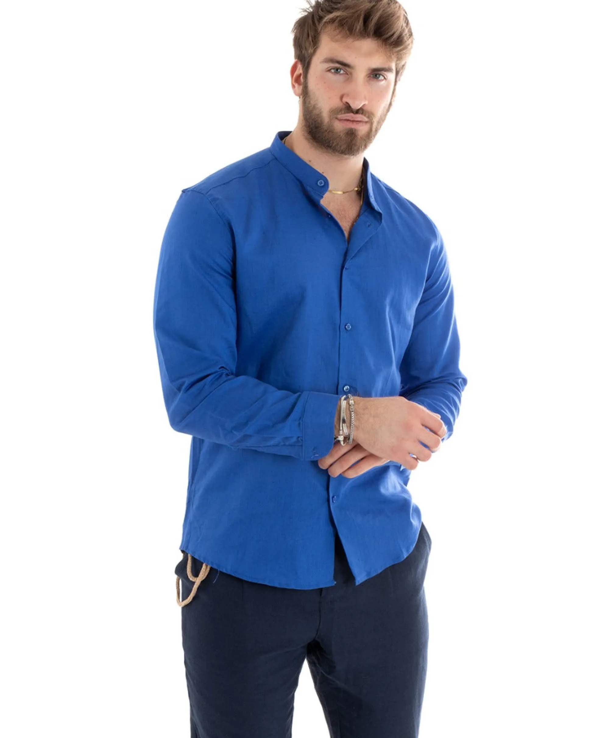 Camicia Uomo Lino Collo Coreano Sartoriale Basic Blu Royal C2669A