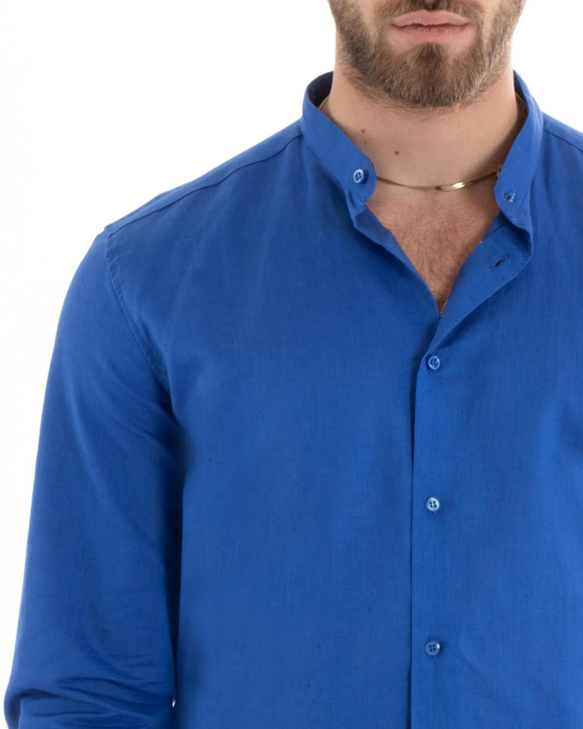 Camicia Uomo Lino Collo Coreano Sartoriale Basic Blu Royal C2669A