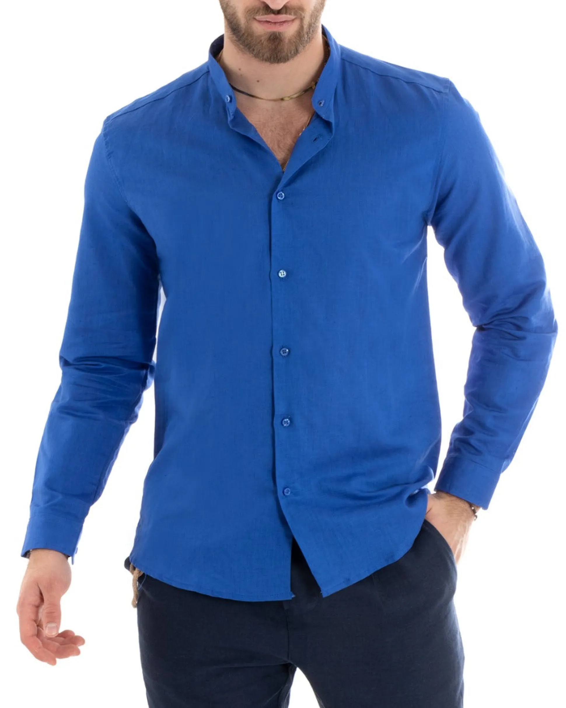 Camicia Uomo Lino Collo Coreano Sartoriale Basic Blu Royal C2669A