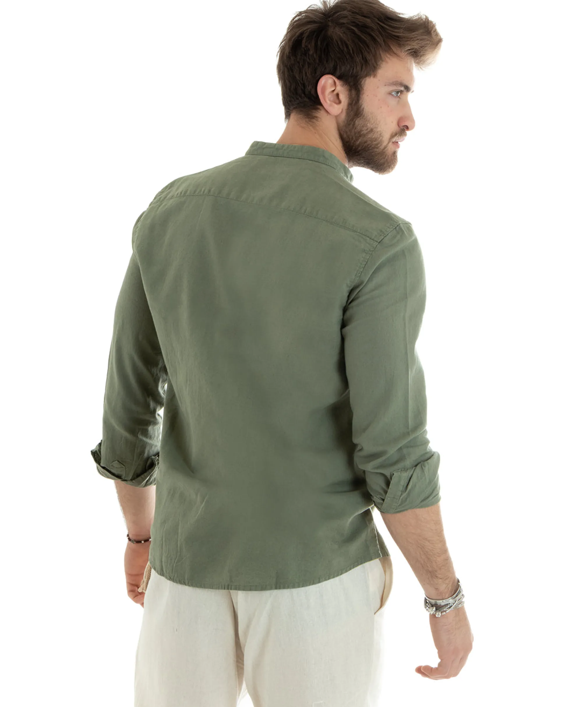 Camicia Uomo Lino Collo Coreano Sartoriale Basic Verde Militare C2666A