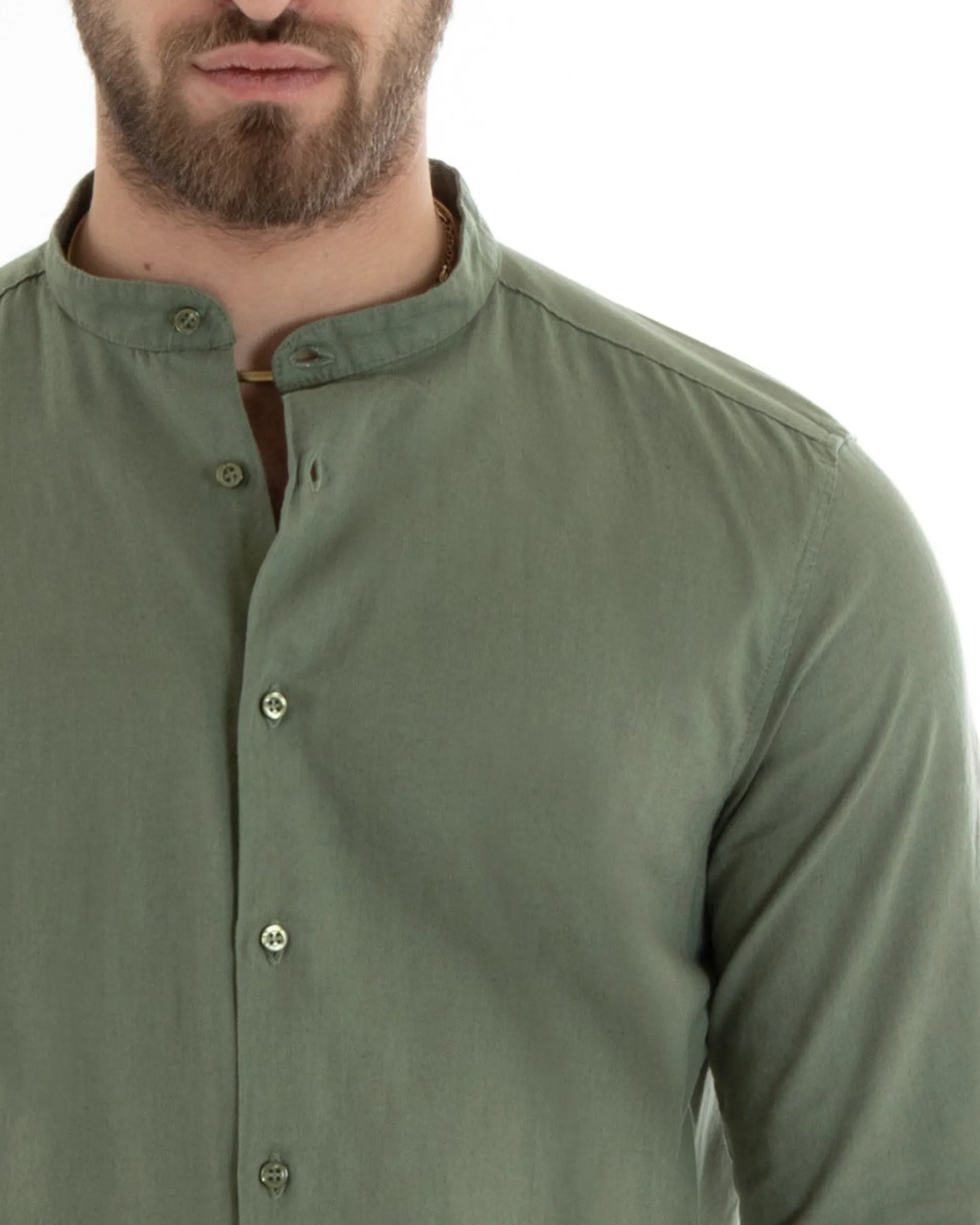Camicia Uomo Lino Collo Coreano Sartoriale Basic Verde Militare C2666A