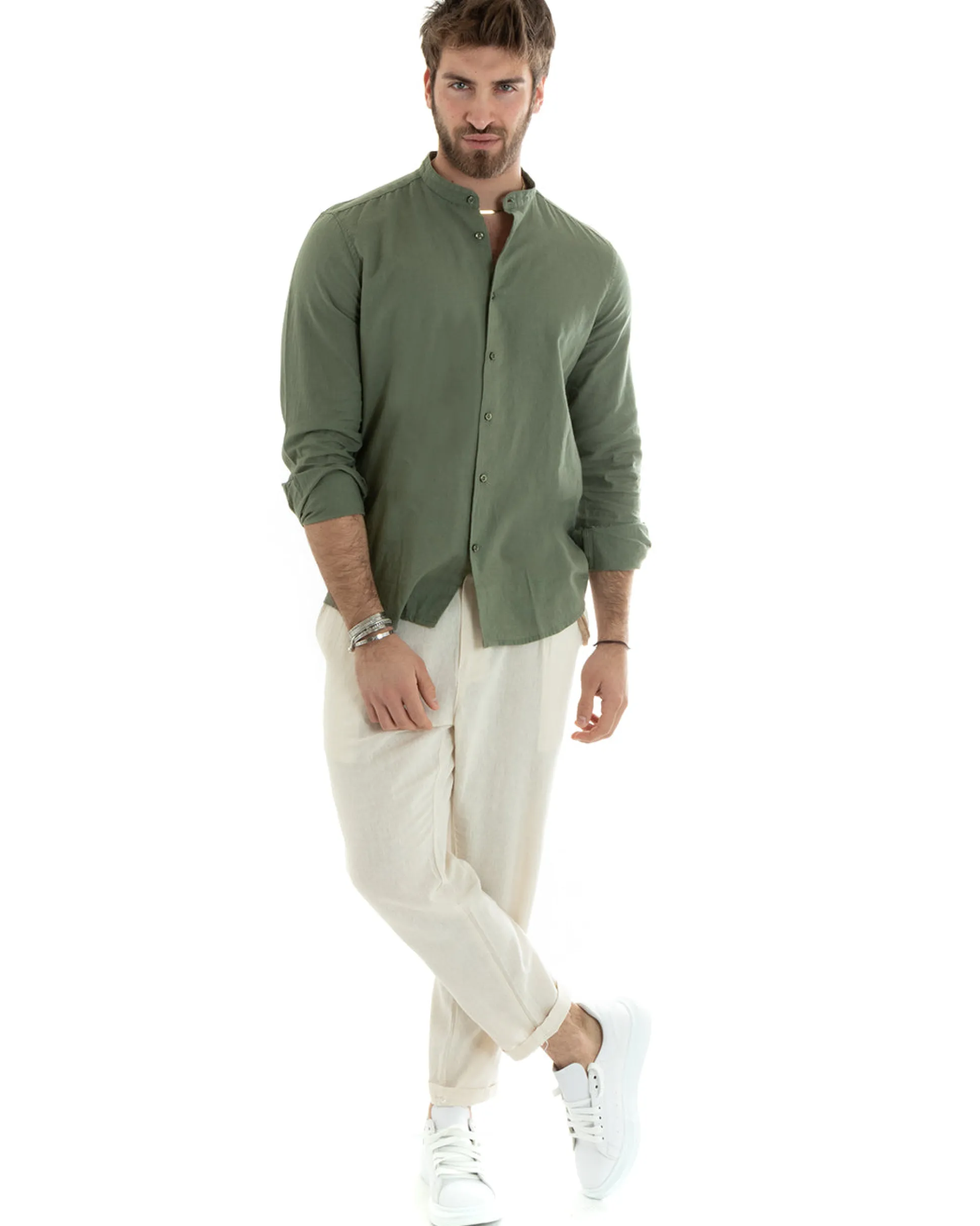 Camicia Uomo Lino Collo Coreano Sartoriale Basic Verde Militare C2666A