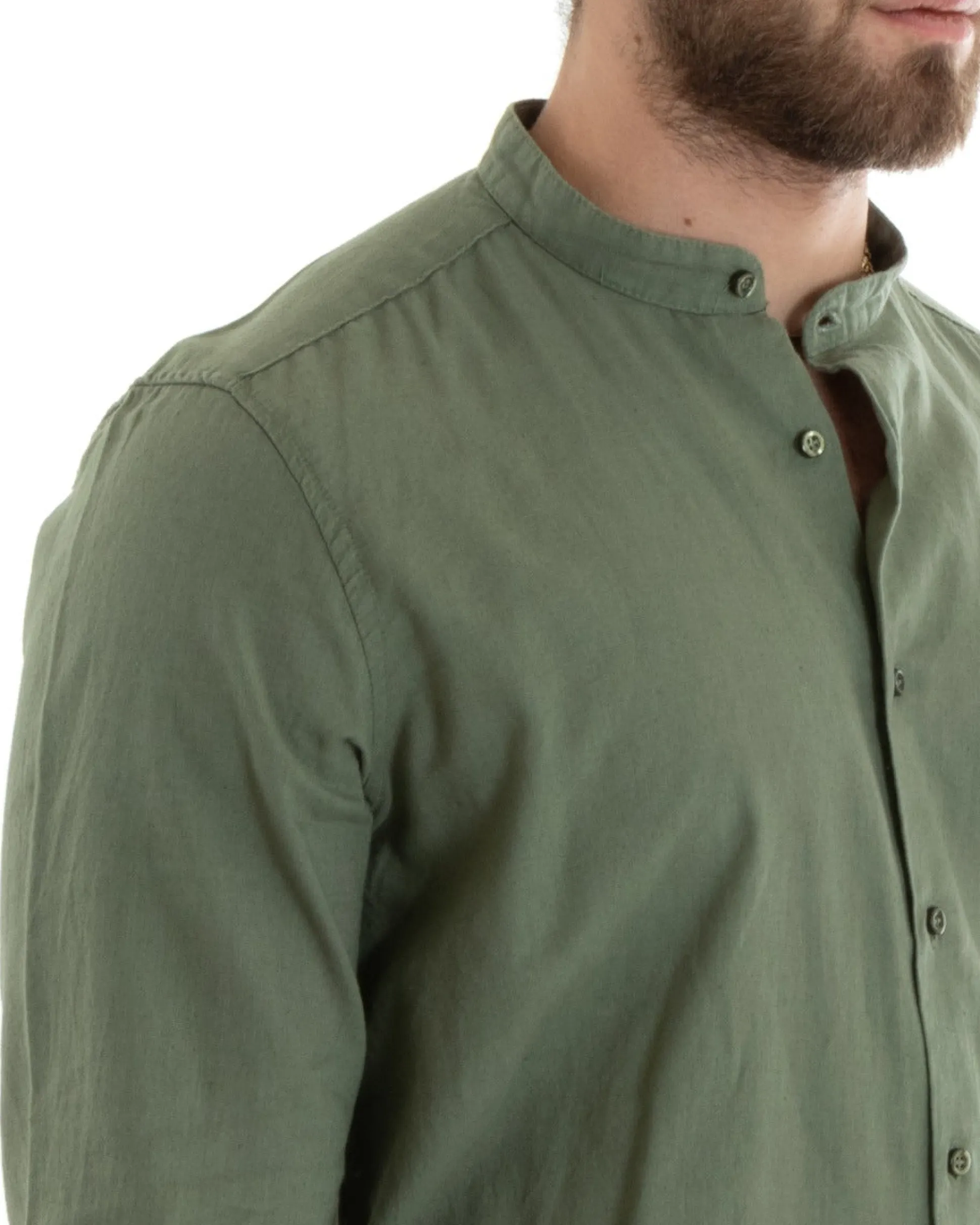 Camicia Uomo Lino Collo Coreano Sartoriale Basic Verde Militare C2666A