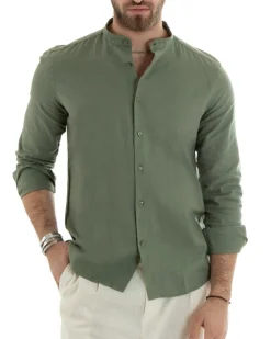 Camicia Uomo Lino Collo Coreano Sartoriale Basic Verde Militare C2666A