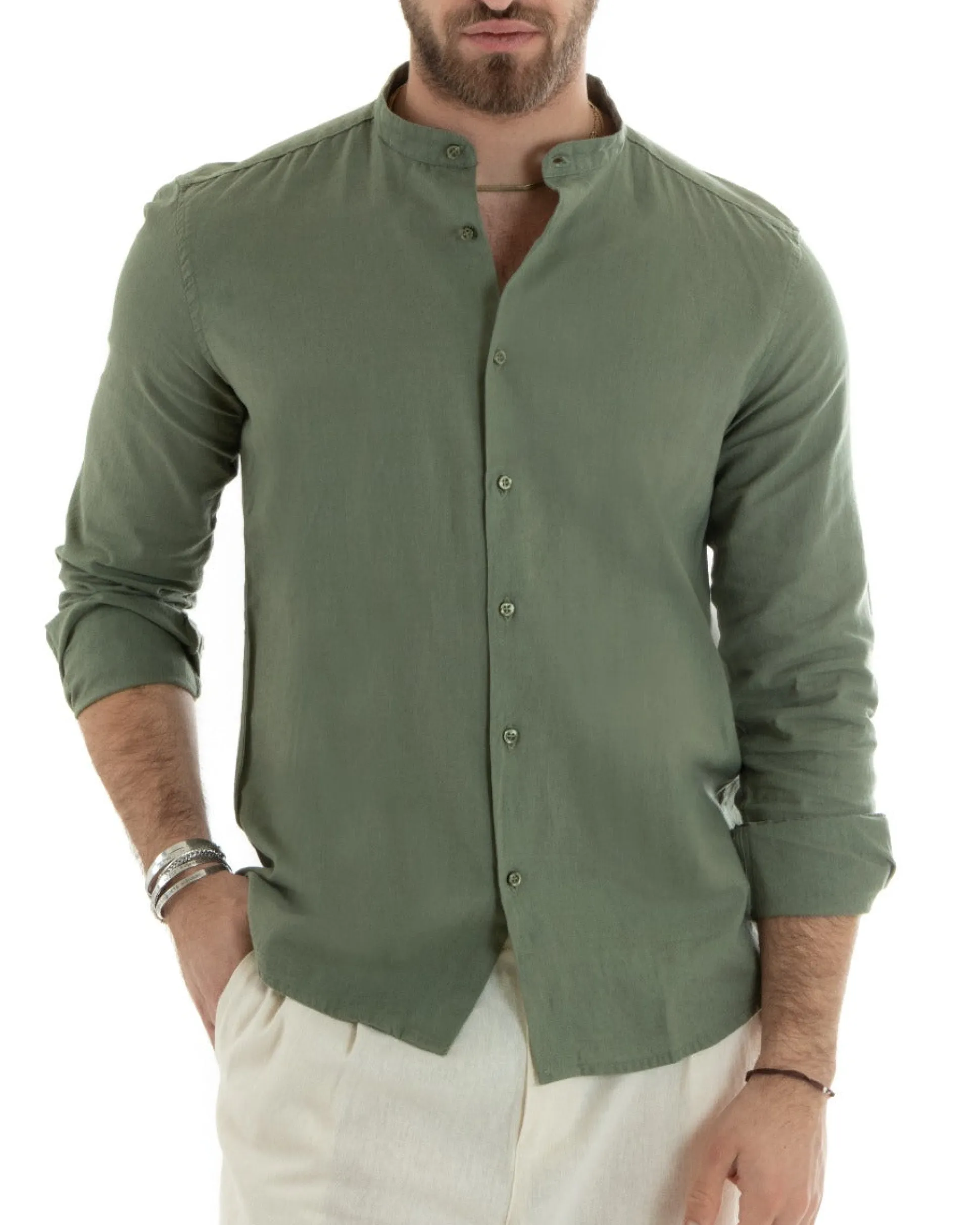 Camicia Uomo Lino Collo Coreano Sartoriale Basic Verde Militare C2666A