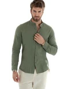 Camicia Uomo Lino Collo Coreano Sartoriale Basic Verde Militare C2666A