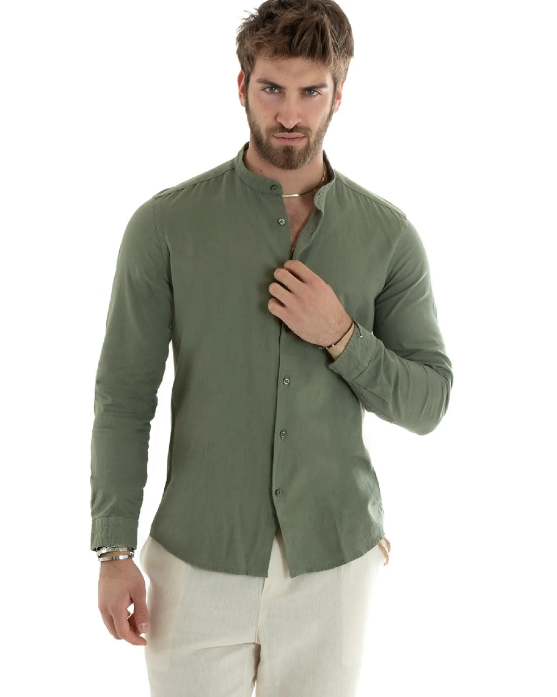 Camicia Uomo Lino Collo Coreano Sartoriale Basic Verde Militare C2666A