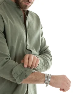 Camicia Uomo Lino Collo Coreano Sartoriale Basic Verde Militare C2666A