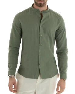 Camicia Uomo Lino Collo Coreano Sartoriale Basic Verde Militare C2666A