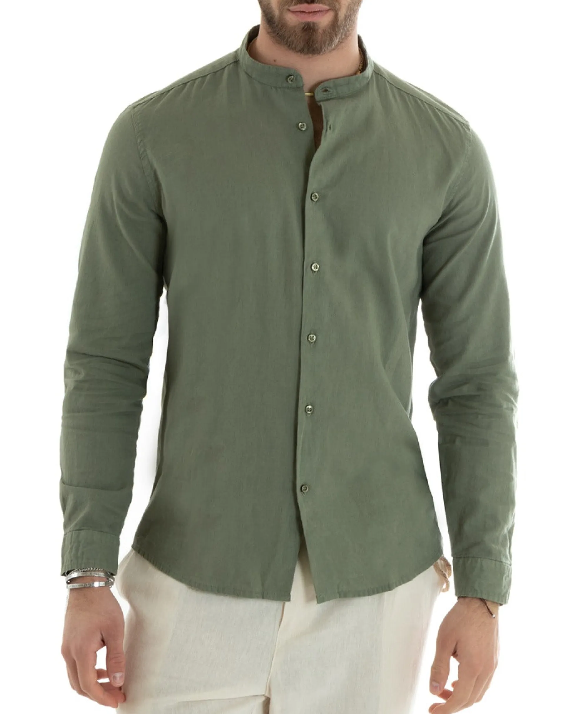 Camicia Uomo Lino Collo Coreano Sartoriale Basic Verde Militare C2666A