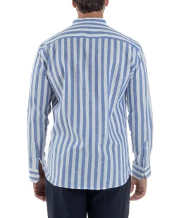 Camicia Uomo Lino Collo Coreano Riga Larga Blu C3017A