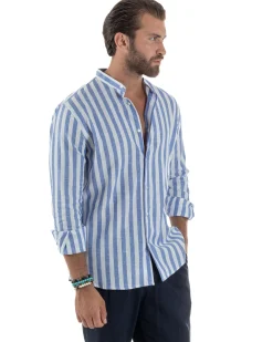Camicia Uomo Lino Collo Coreano Riga Larga Blu C3017A