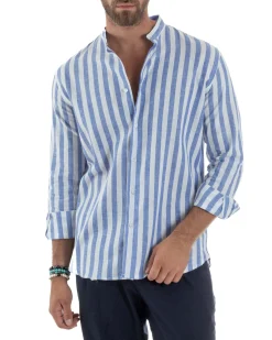 Camicia Uomo Lino Collo Coreano Riga Larga Blu C3017A