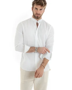 Camicia Uomo Lino Collo Coreano Sartoriale Basic Bianco C2665A