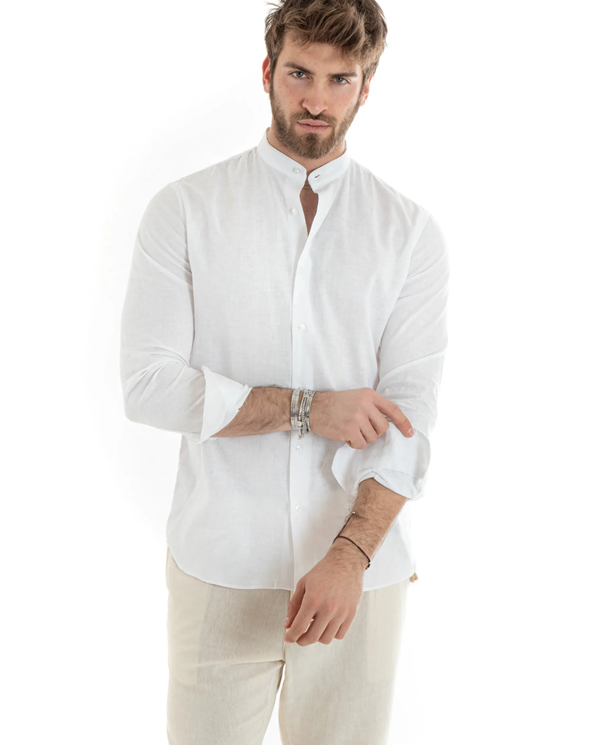 Camicia Uomo Lino Collo Coreano Sartoriale Basic Bianco C2665A