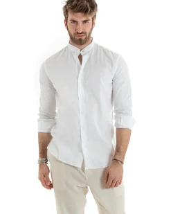 Camicia Uomo Lino Collo Coreano Sartoriale Basic Bianco C2665A