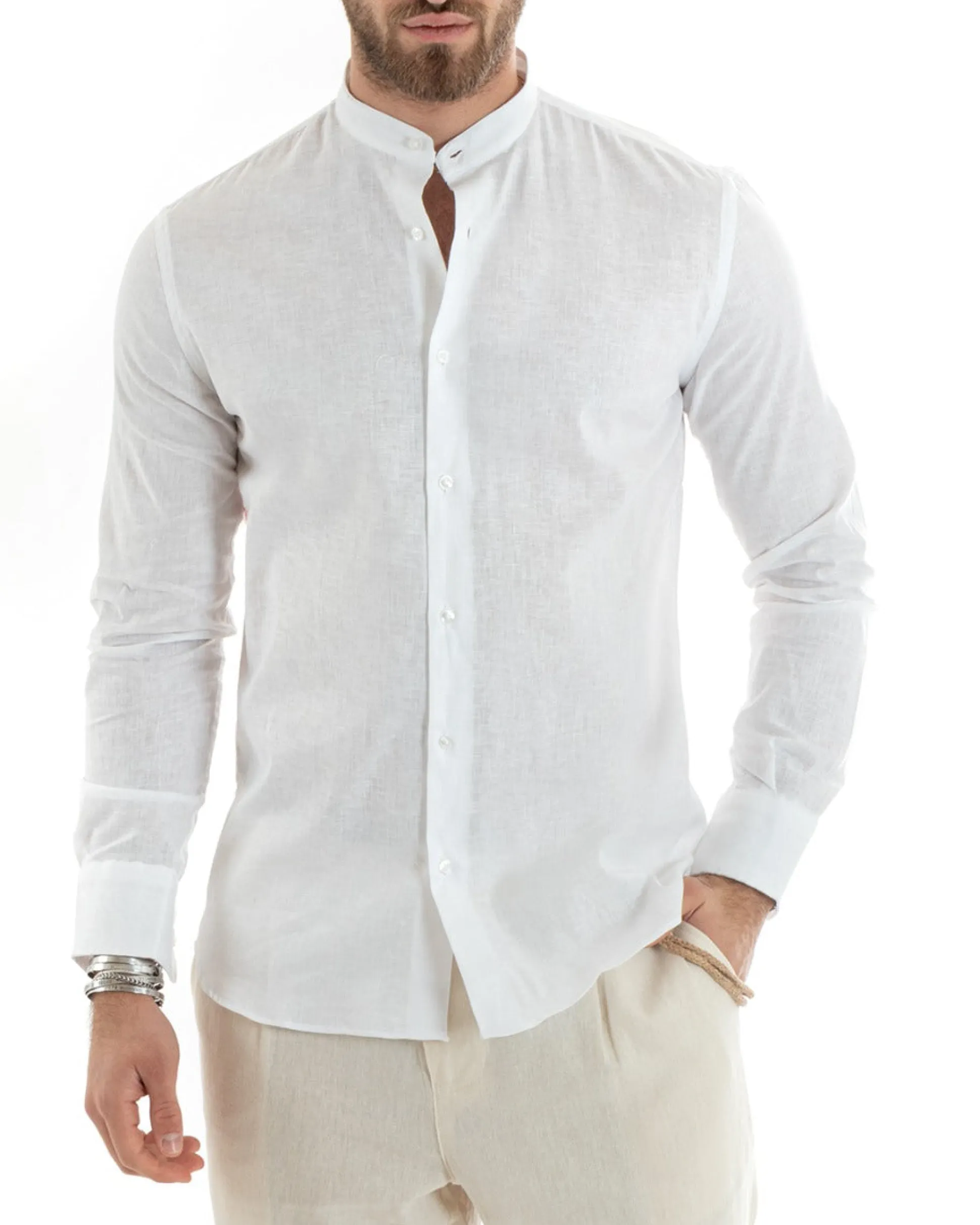 Camicia Uomo Lino Collo Coreano Sartoriale Basic Bianco C2665A