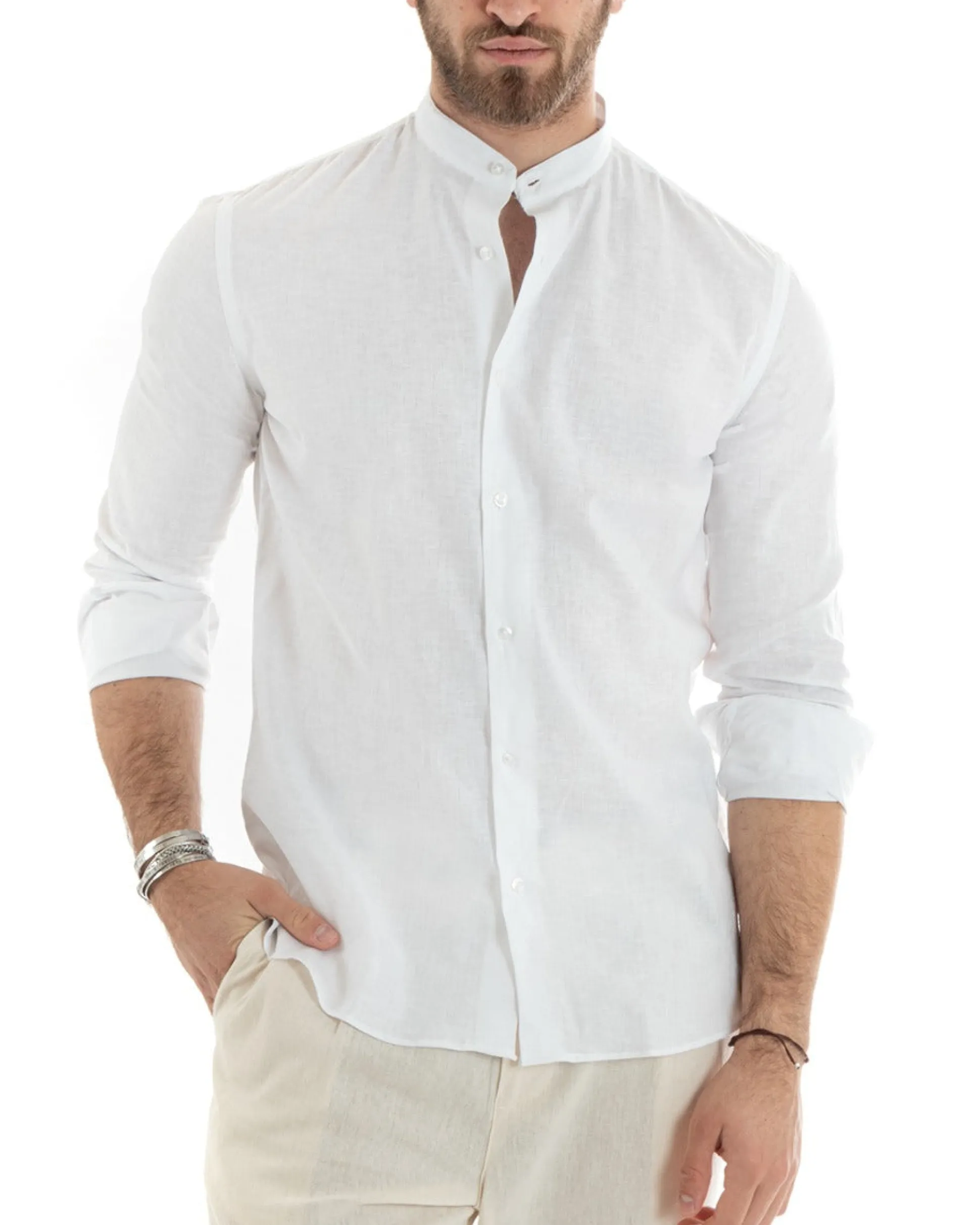 Camicia Uomo Lino Collo Coreano Sartoriale Basic Bianco C2665A