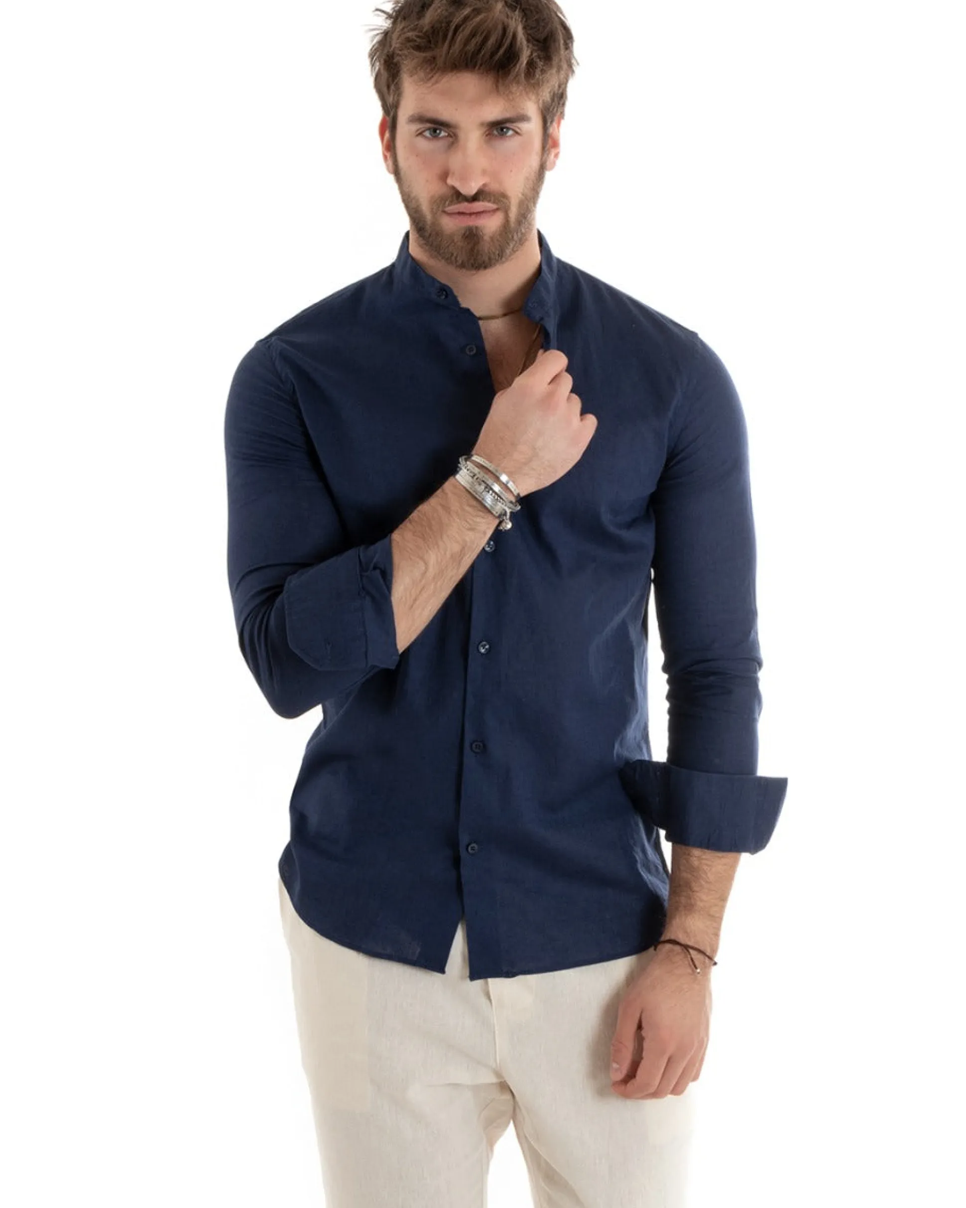 Camicia Uomo Lino Collo Coreano Sartoriale Basic Blu C2664A