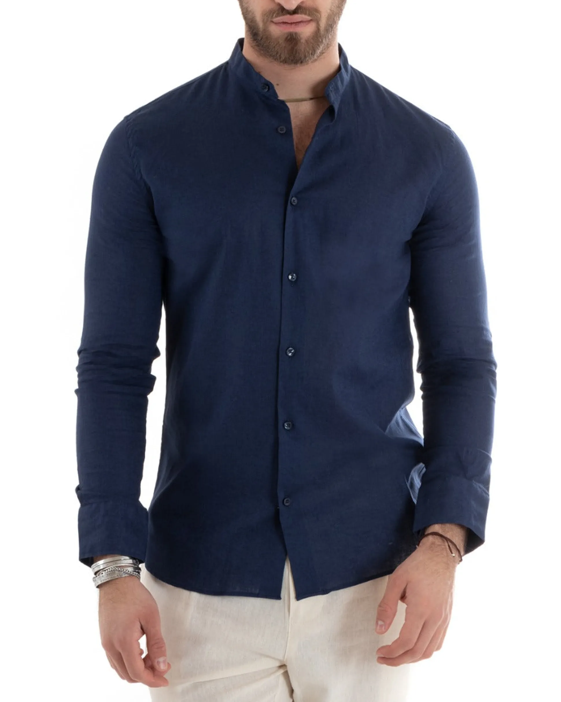 Camicia Uomo Lino Collo Coreano Sartoriale Basic Blu C2664A