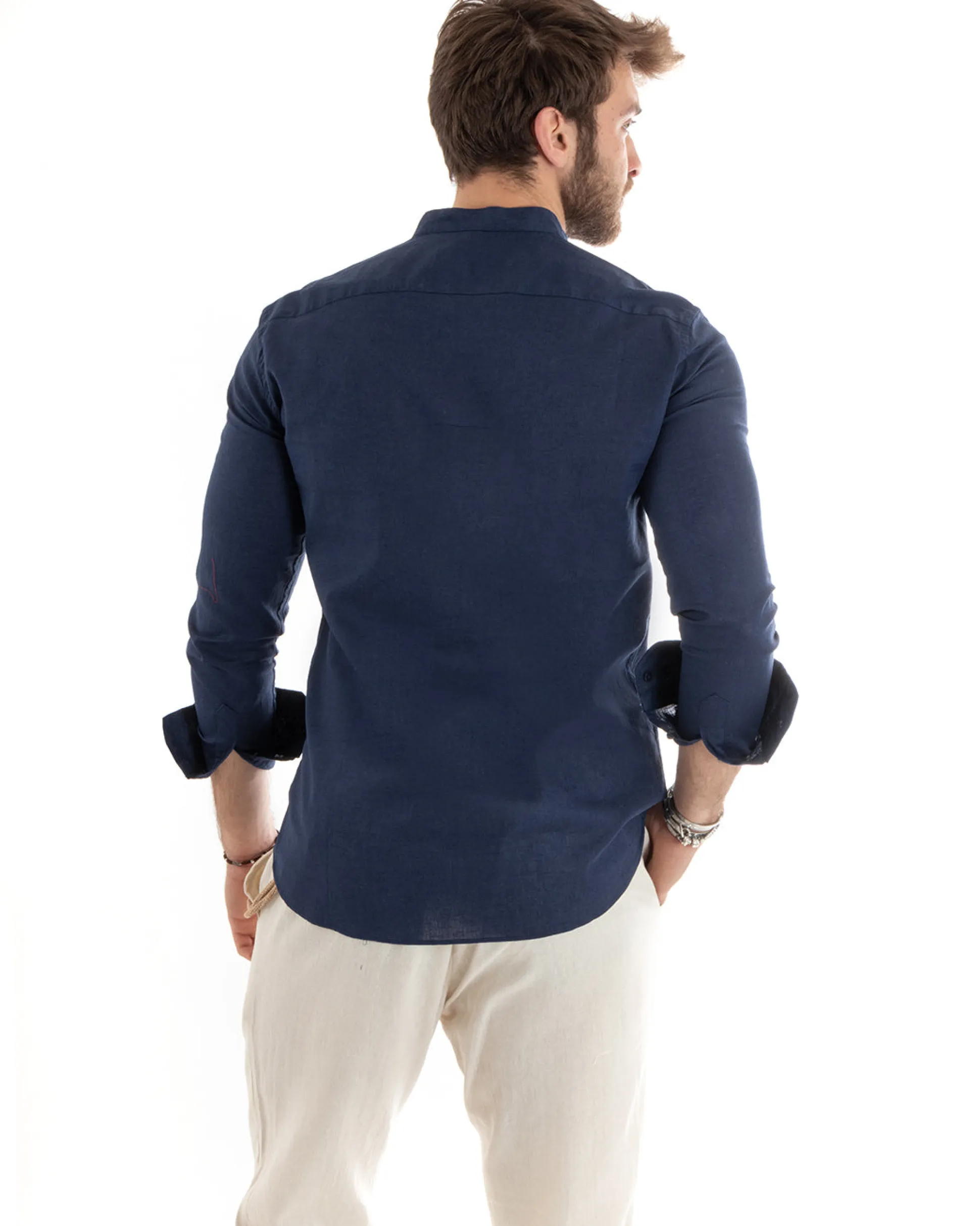 Camicia Uomo Lino Collo Coreano Sartoriale Basic Blu C2664A