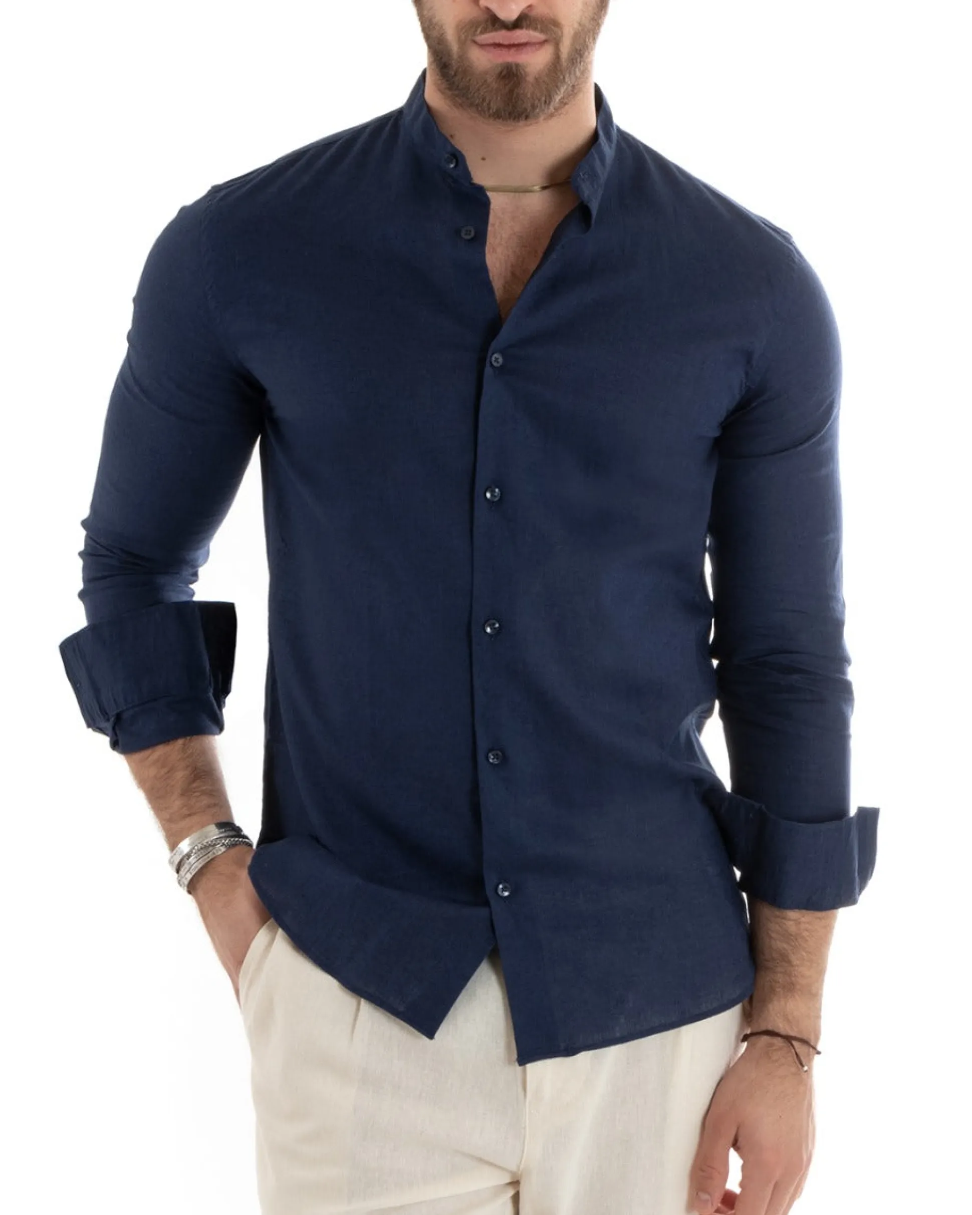 Camicia Uomo Lino Collo Coreano Sartoriale Basic Blu C2664A
