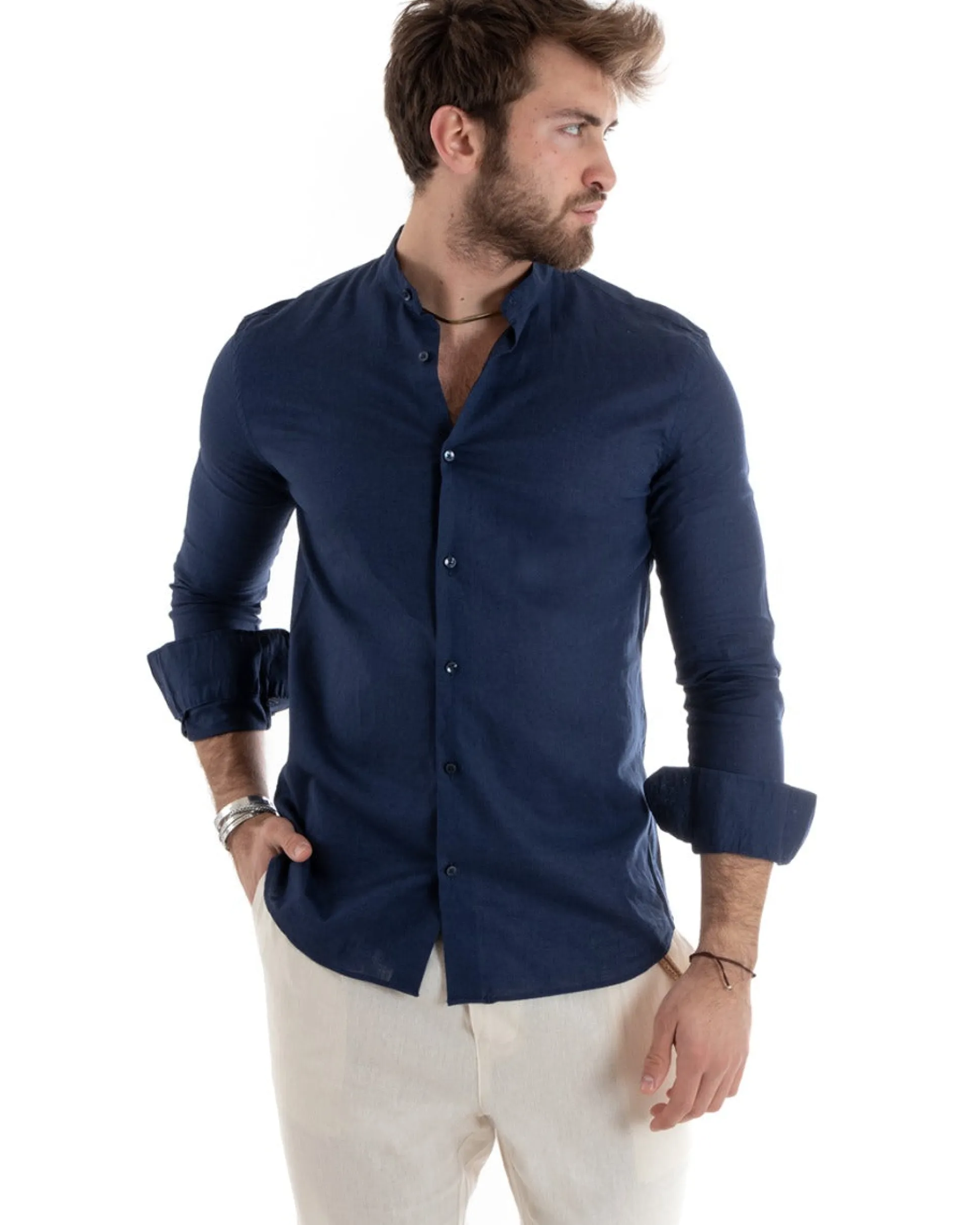 Camicia Uomo Lino Collo Coreano Sartoriale Basic Blu C2664A
