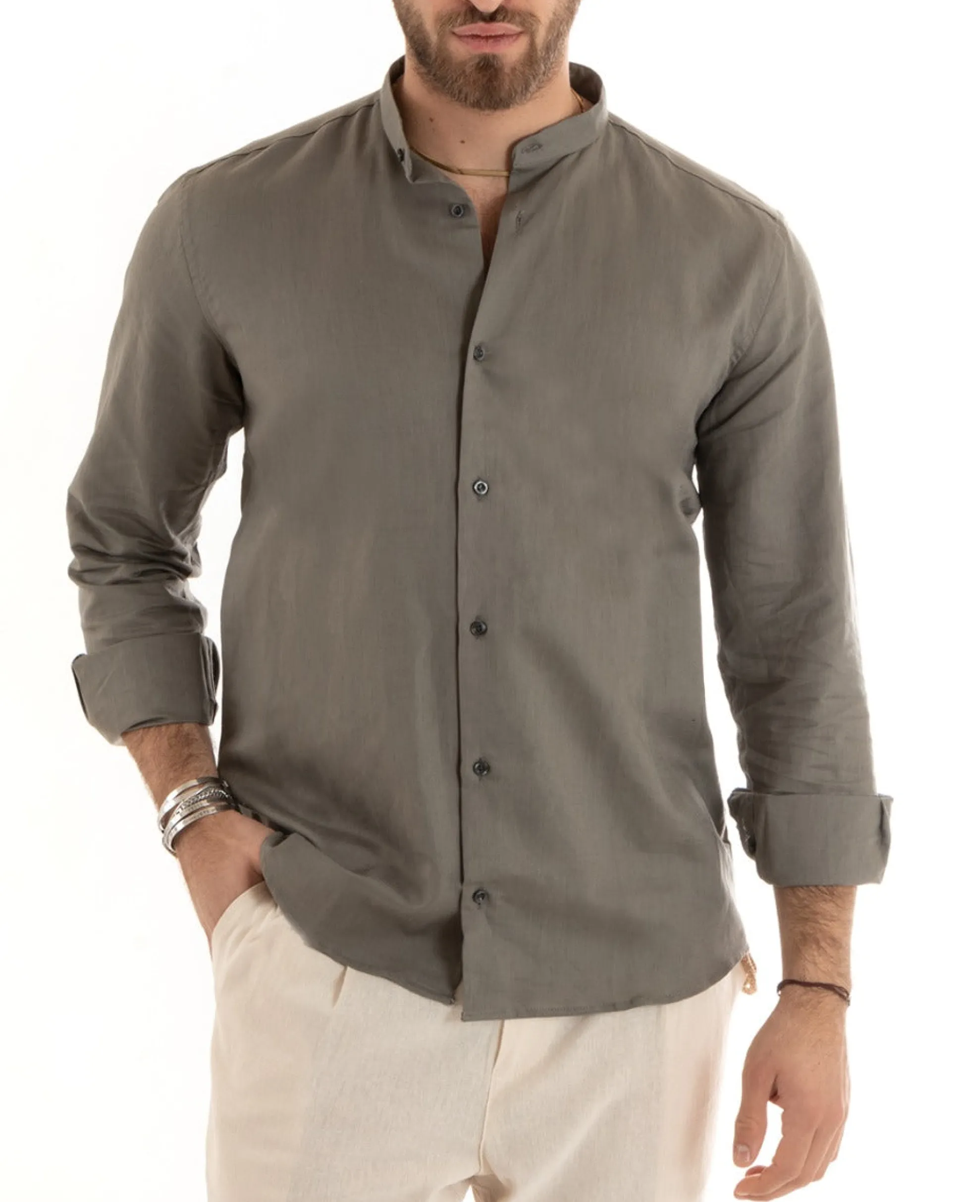 Camicia Uomo Lino Collo Coreano Sartoriale Basic Fango C2672A