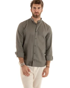 Camicia Uomo Lino Collo Coreano Sartoriale Basic Fango C2672A