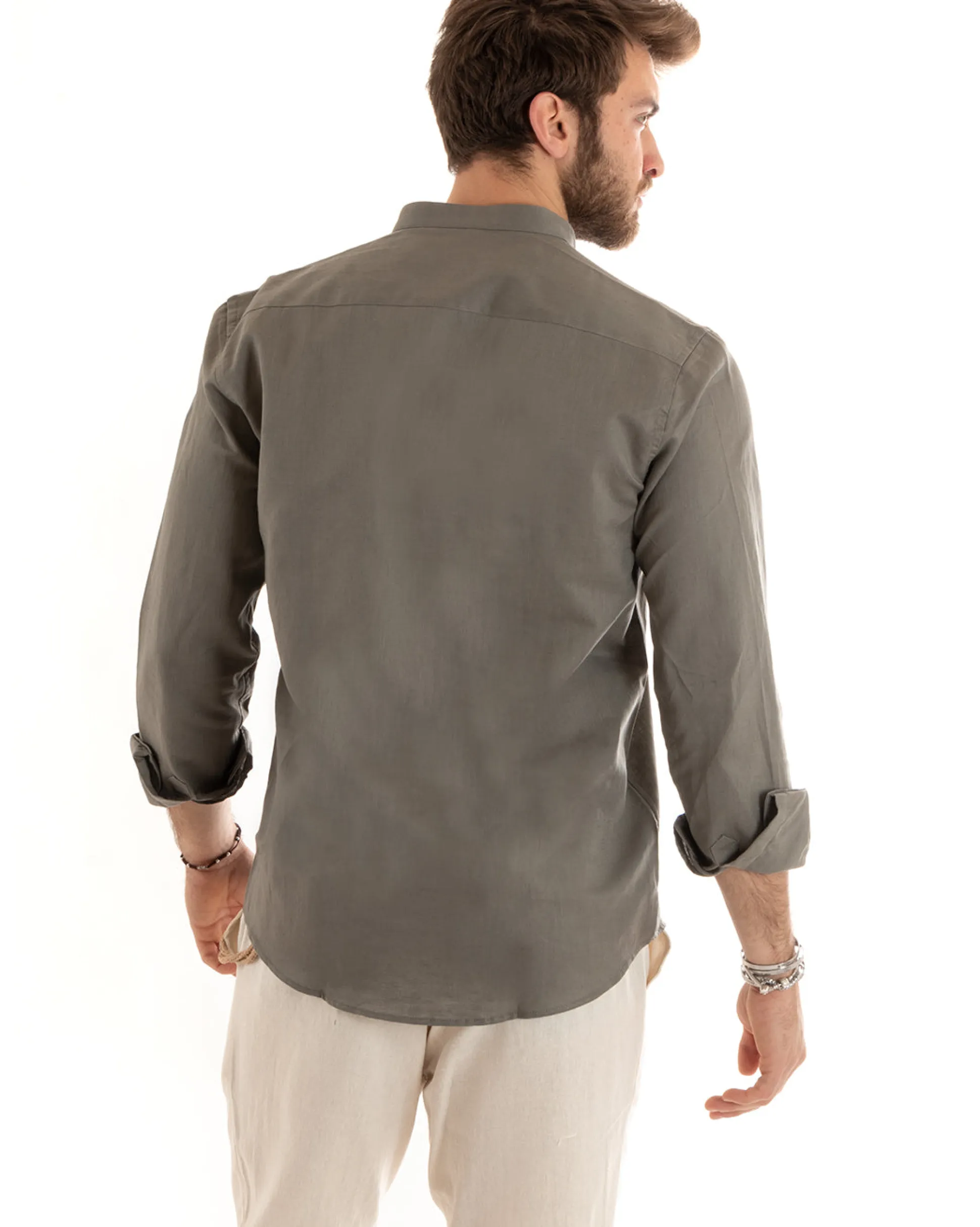 Camicia Uomo Lino Collo Coreano Sartoriale Basic Fango C2672A
