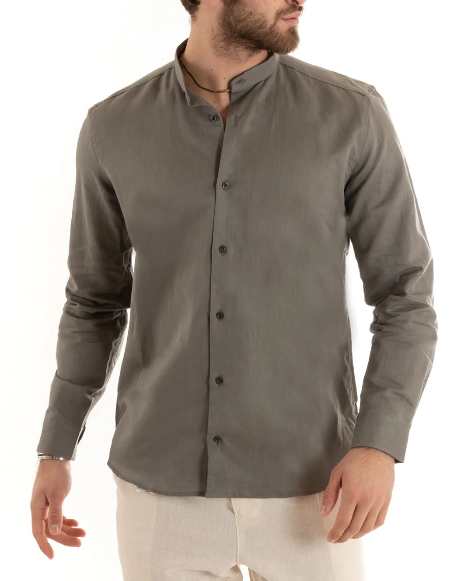 Camicia Uomo Lino Collo Coreano Sartoriale Basic Fango C2672A