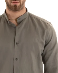 Camicia Uomo Lino Collo Coreano Sartoriale Basic Fango C2672A