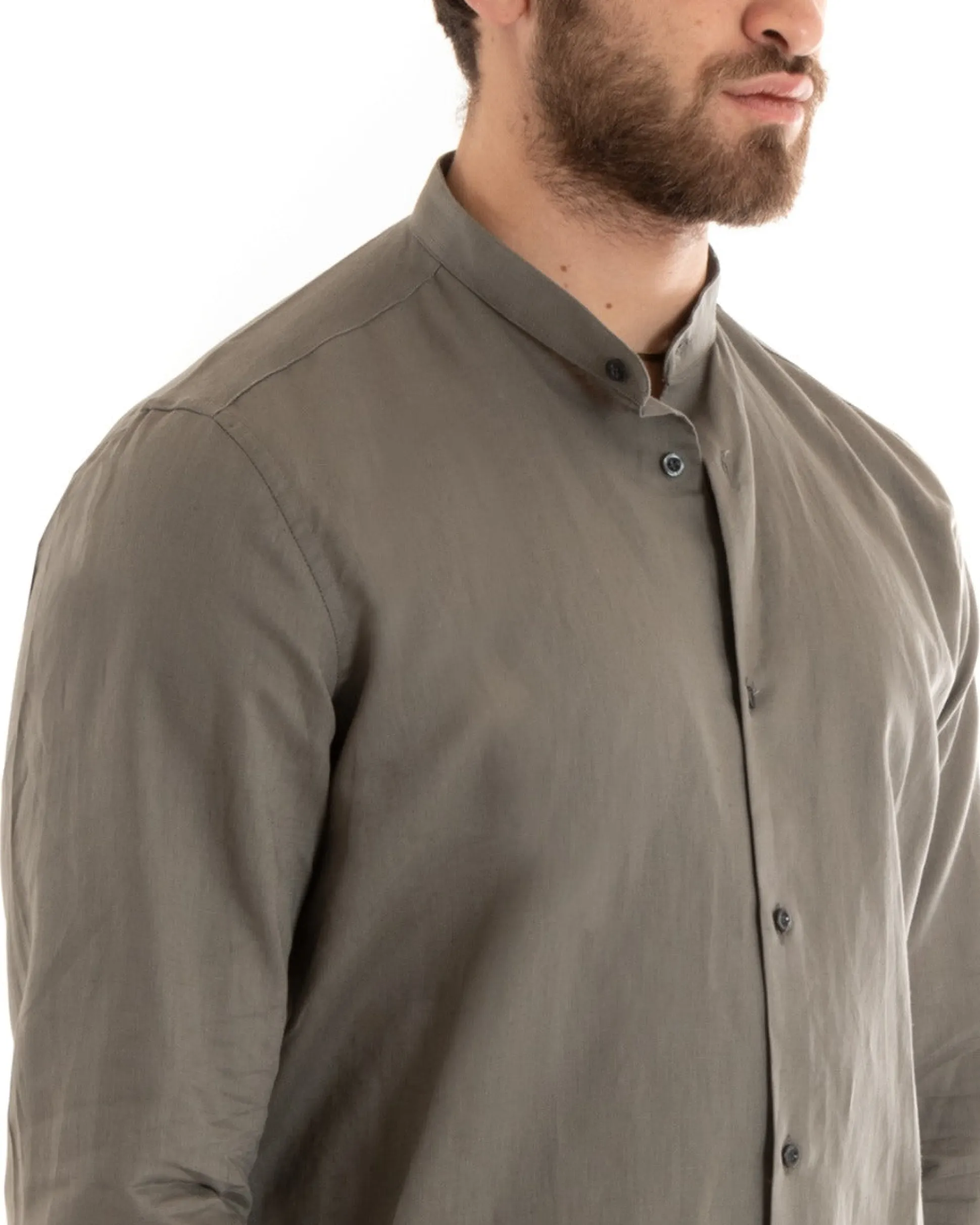 Camicia Uomo Lino Collo Coreano Sartoriale Basic Fango C2672A