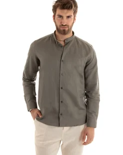 Camicia Uomo Lino Collo Coreano Sartoriale Basic Fango C2672A