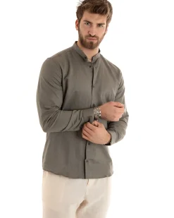 Camicia Uomo Lino Collo Coreano Sartoriale Basic Fango C2672A