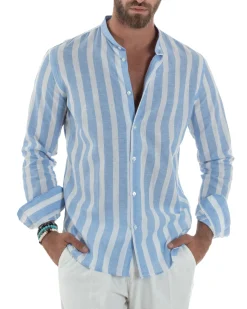 Camicia Uomo Lino Collo Coreano Riga Larga Celeste C3019A