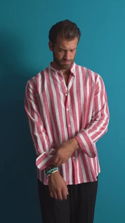 Camicia Uomo Lino Collo Coreano Riga Larga Celeste C3019A
