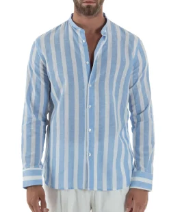 Camicia Uomo Lino Collo Coreano Riga Larga Celeste C3019A