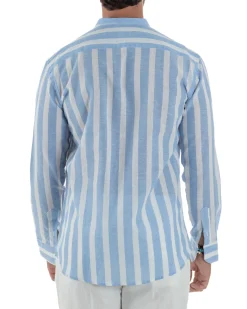 Camicia Uomo Lino Collo Coreano Riga Larga Celeste C3019A