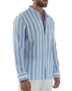 Camicia Uomo Lino Collo Coreano Riga Larga Celeste C3019A