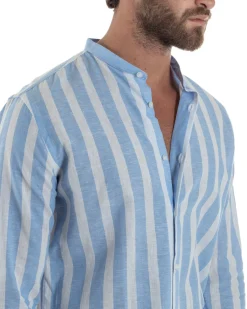 Camicia Uomo Lino Collo Coreano Riga Larga Celeste C3019A