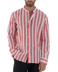 Camicia Uomo Lino Collo Coreano Riga Larga Rosso C3016A