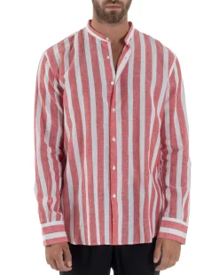 Camicia Uomo Lino Collo Coreano Riga Larga Rosso C3016A