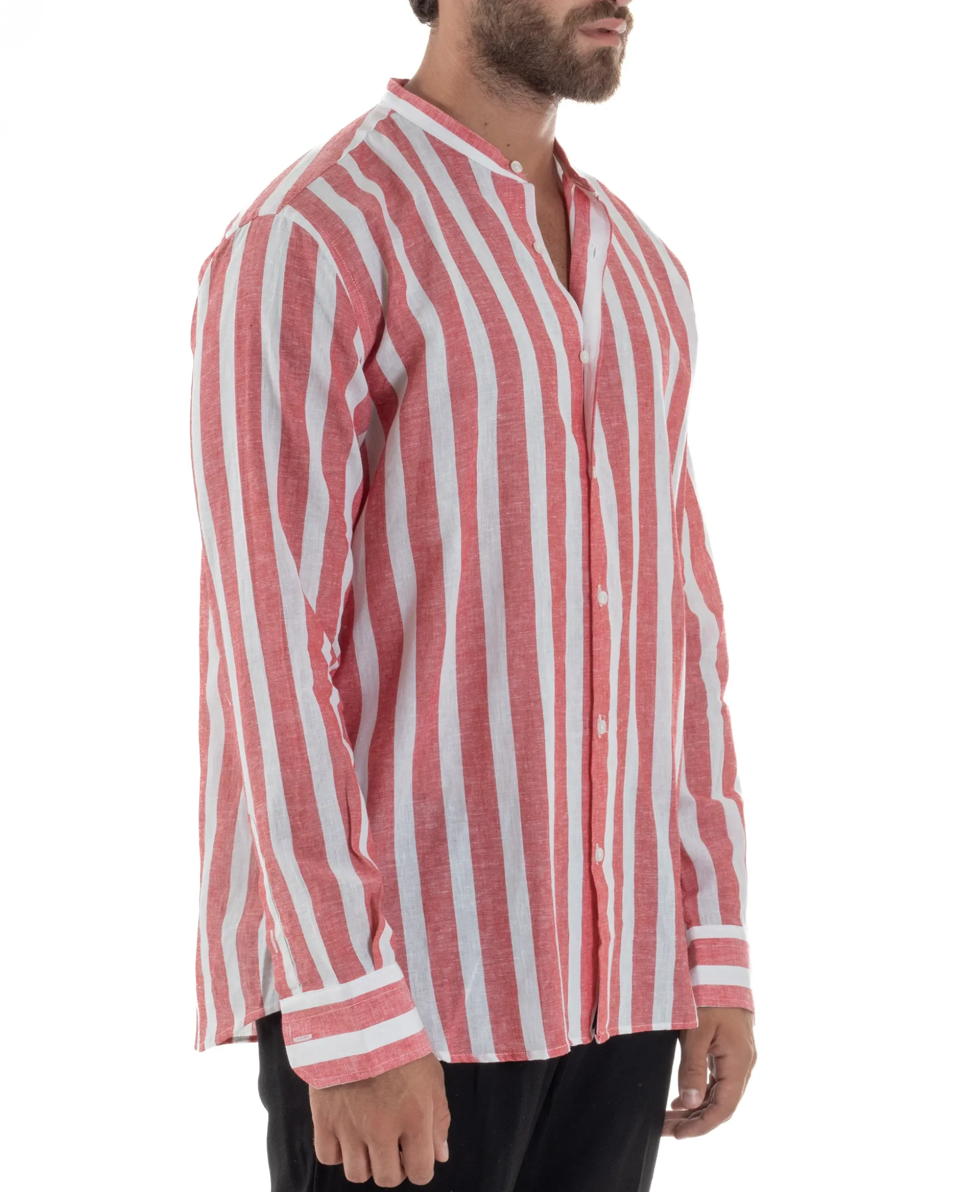 Camicia Uomo Lino Collo Coreano Riga Larga Rosso C3016A