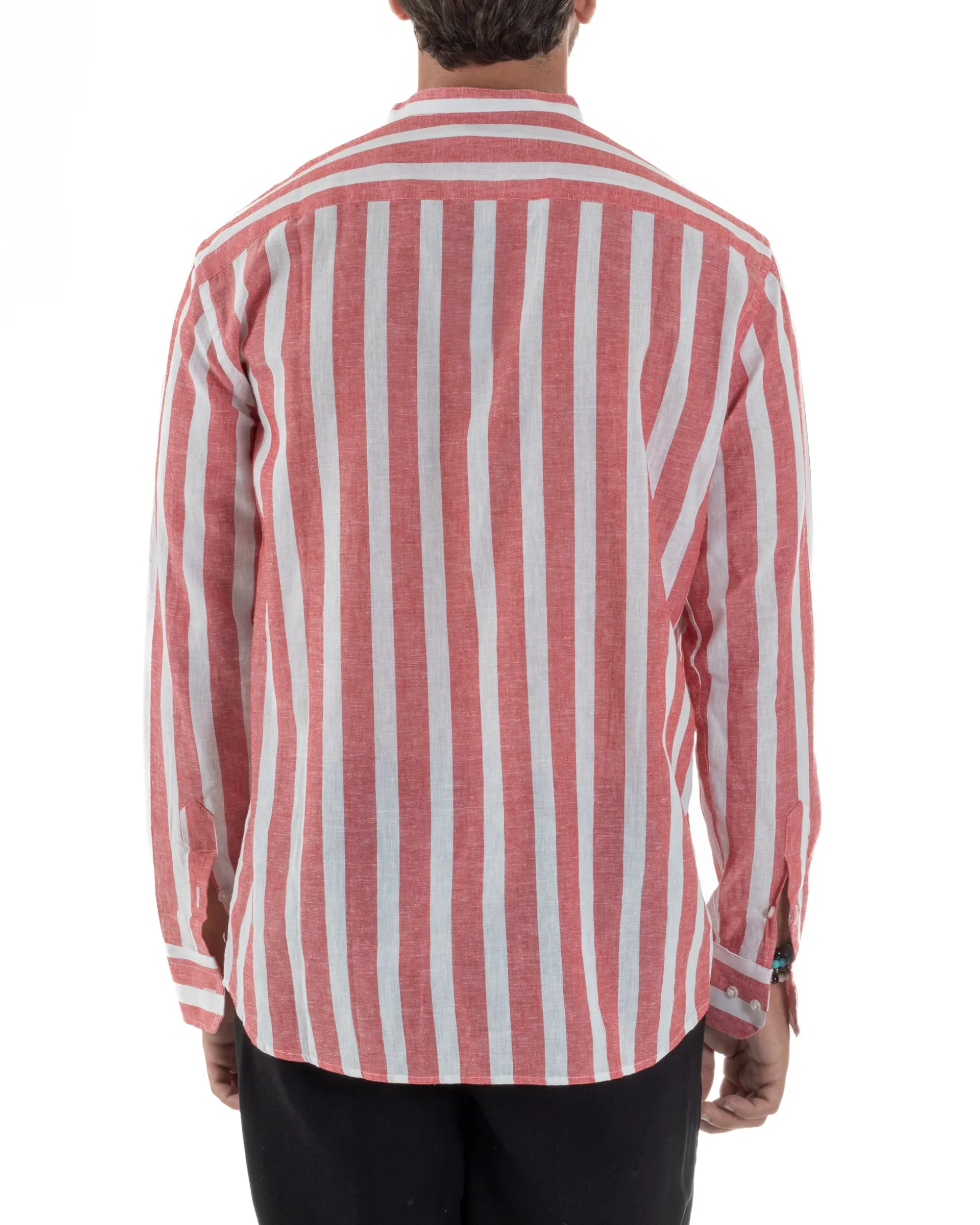 Camicia Uomo Lino Collo Coreano Riga Larga Rosso C3016A