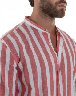 Camicia Uomo Lino Collo Coreano Riga Larga Rosso C3016A
